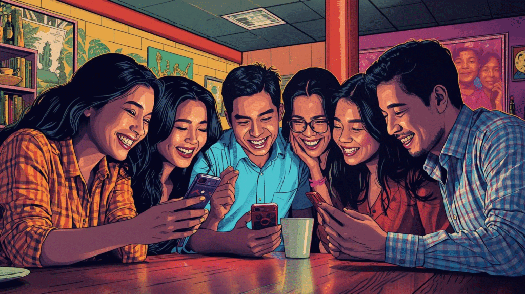 Young Filipinos using their phones in a café — typical social behavior in PH dating.