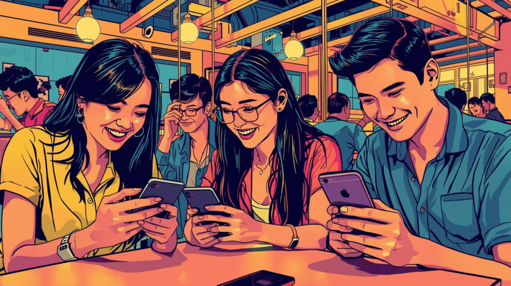 Young Filipinos browsing social media and dating apps at a café.
